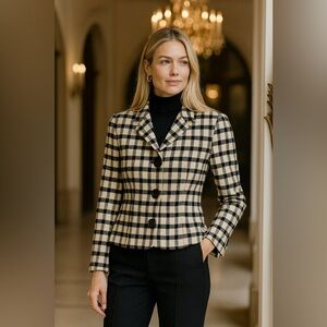 Vintage Anne Klein Blazer Cashmere Wool Window Pane Black White Check size 6​​​